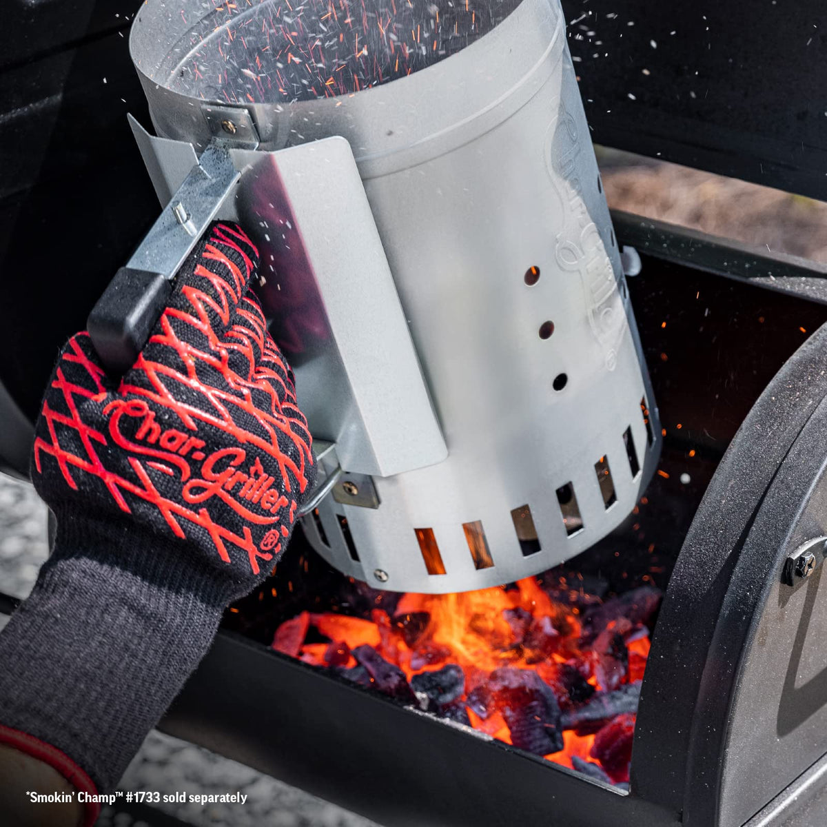 Char-Griller chimney starter ergonomic handle and heat shield.