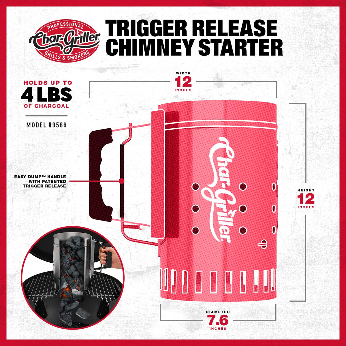Char-Griller chimney starter full of hot coals for even heat.