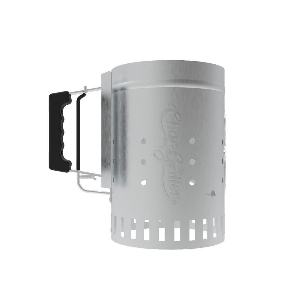 Char-Griller chimney starter top view speeds coal ignition for faster grilling.