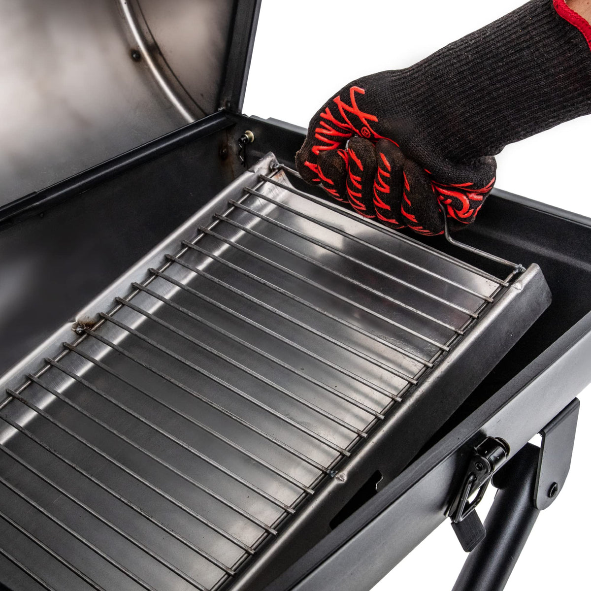 Char-Griller Gambler large wheels improve mobility on outdoor surfaces.