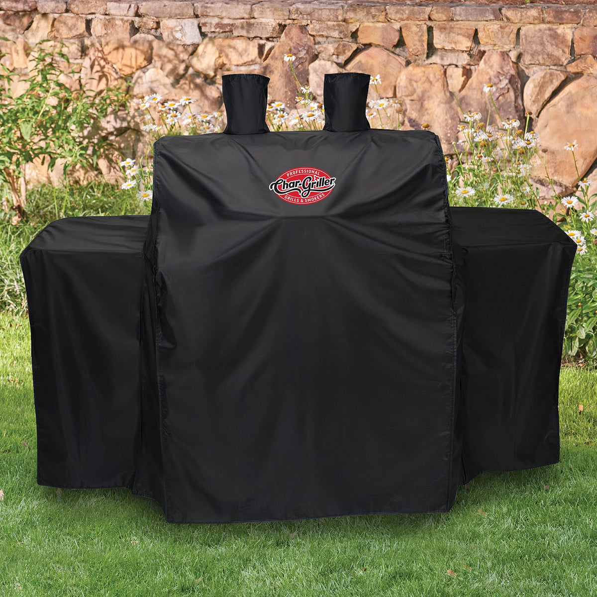 Char-Griller universal 3-burner grill cover side view shields from rain