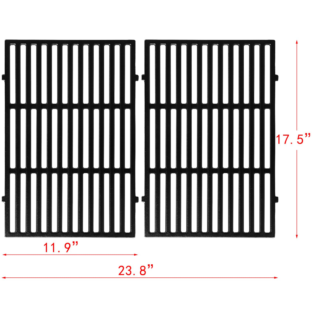 Charbrofire Weber Spirit grates display 17.5 by 11.9 inch dimensions for broad searing area.