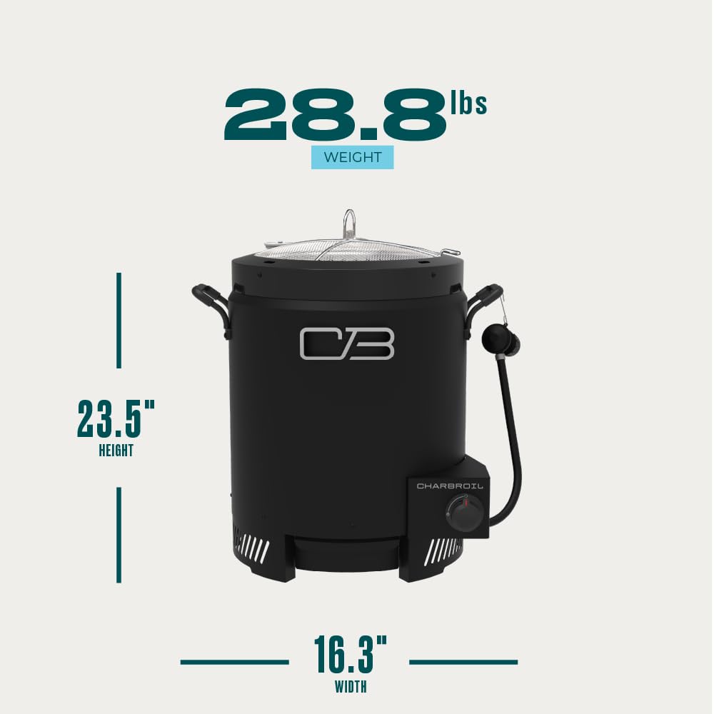 Charbroil Big Easy operates at 16,000 BTU for powerful outdoor frying.
