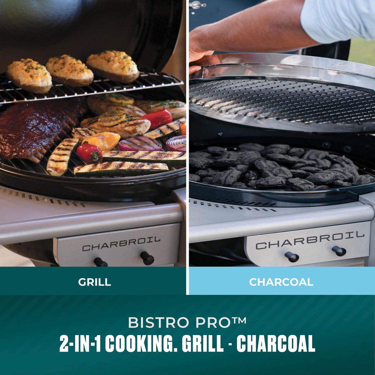 Charbroil Bistro Pro charcoal rack setup demonstrates versatile fuel options.