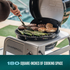 Charbroil Bistro Pro, open lid, shows ample 180 sq in cooking area.