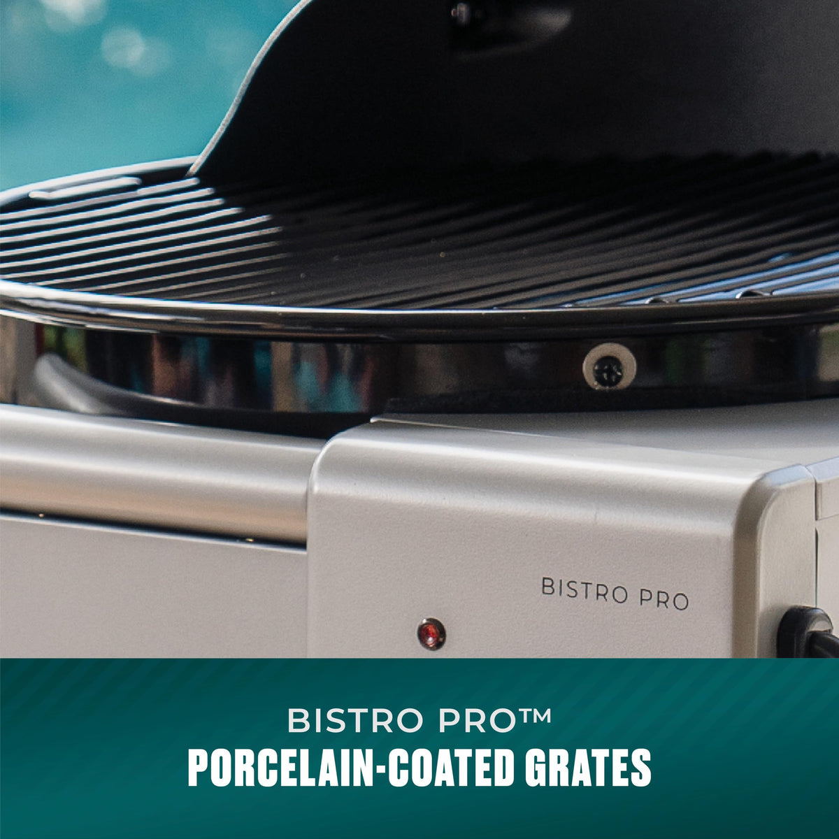 Charbroil Bistro Pro, porcelain-coated grates reduce flare-ups for even searing.