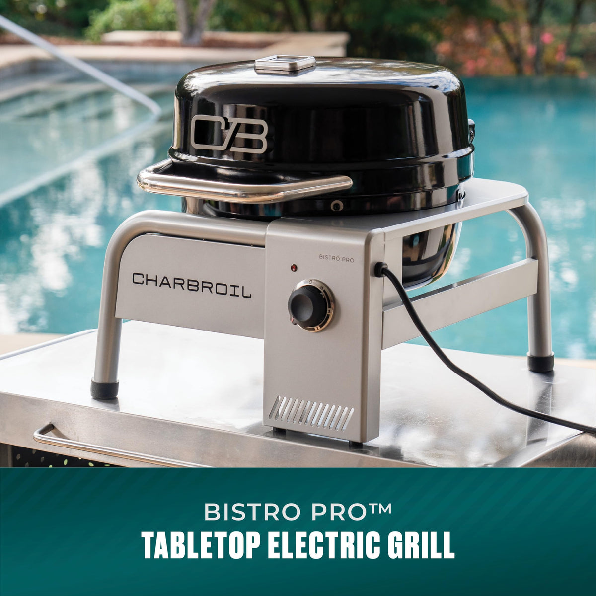 Charbroil Bistro Pro, side view, space-saving layout for patios and decks.