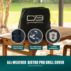 Charbroil Bistro Pro, stainless steel handle stays cool for safe lid operation.