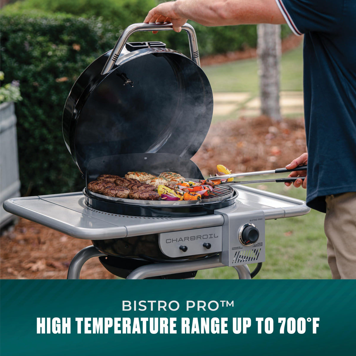 Charbroil Bistro Pro wheels enable smooth mobility on patios.
