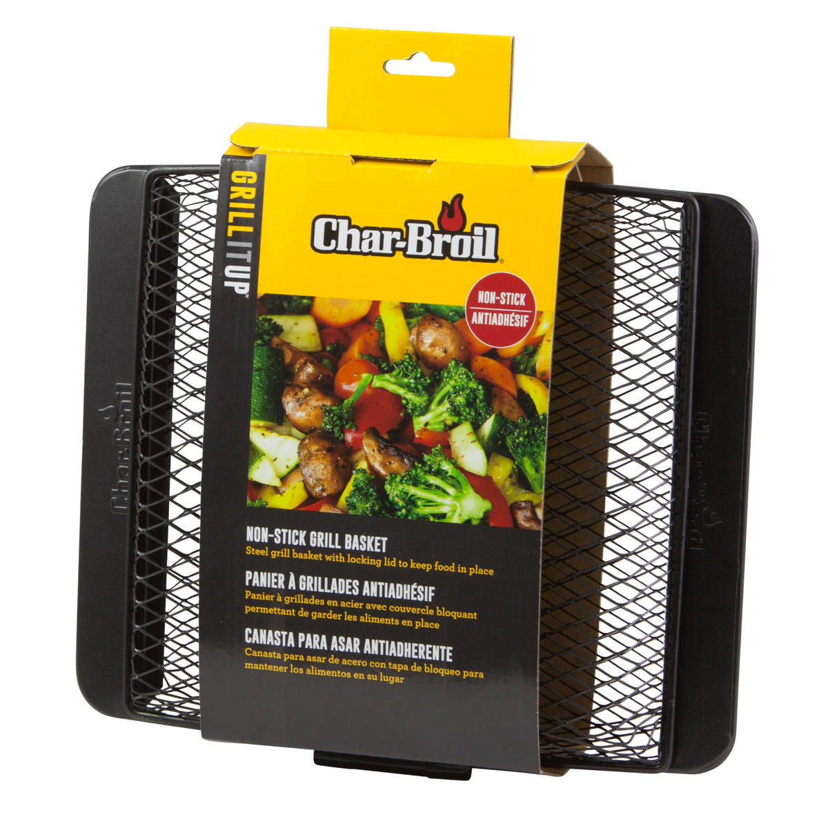 Char-Broil 11-inch wide basket ready to hold vegetables and fish
