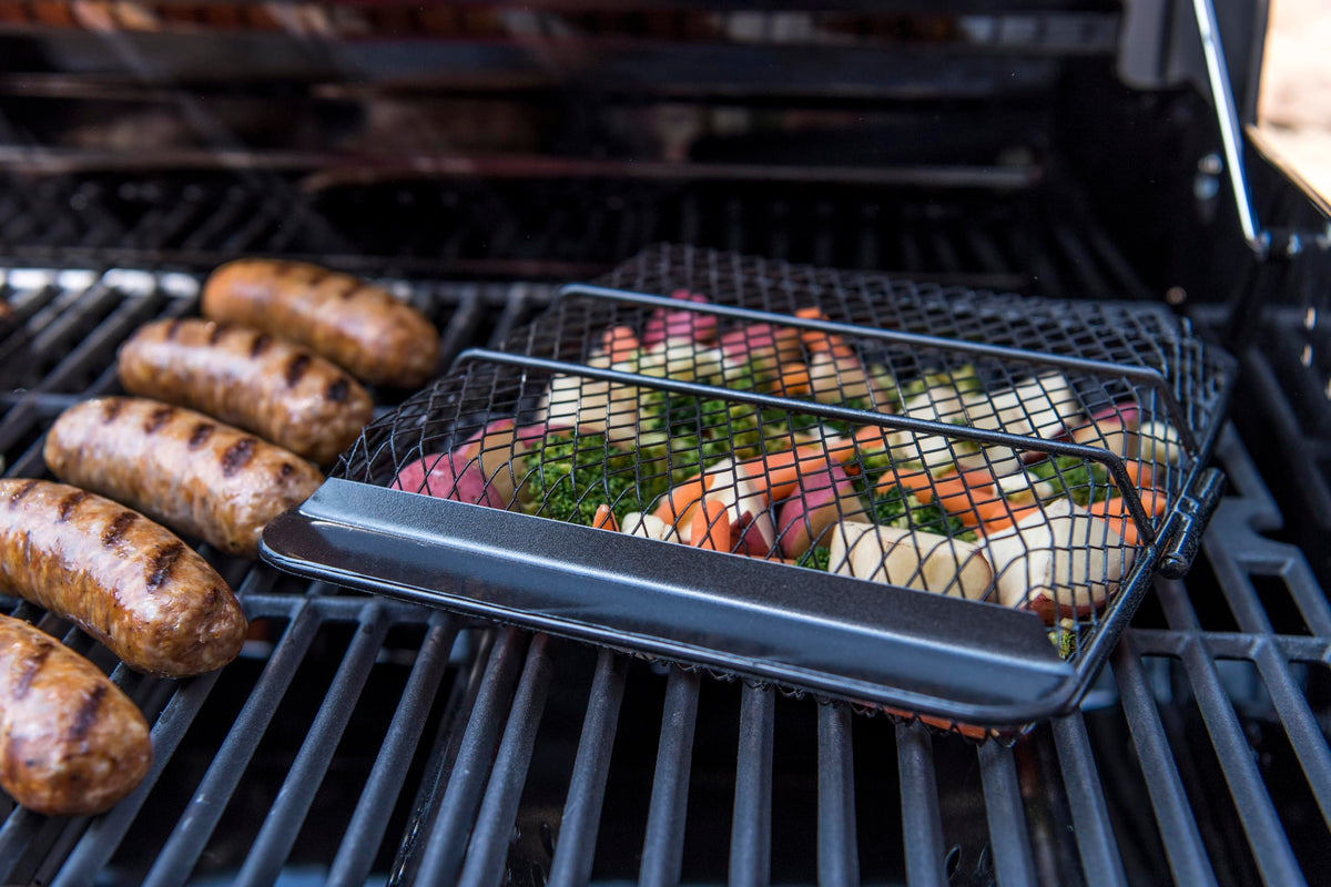 Char-Broil grill basket after cooking demonstrates simple cleaning