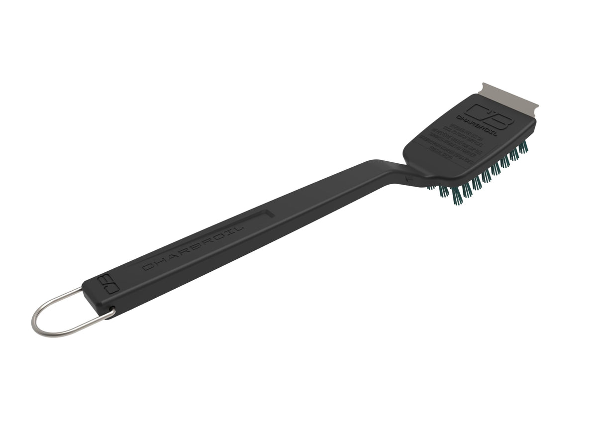 Charbroil Safer Cool-Clean grill brush cleans cool grates with grit-infused bristles and a built-in scraper.