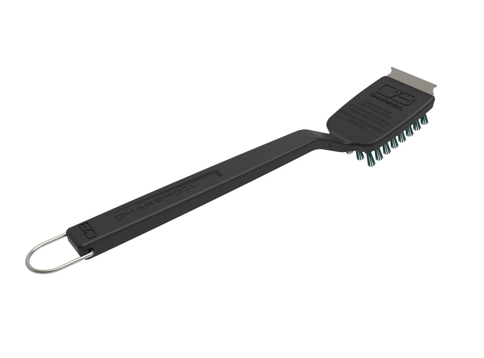 Charbroil Safer Cool-Clean grill brush cleans cool grates with grit-infused bristles and a built-in scraper.
