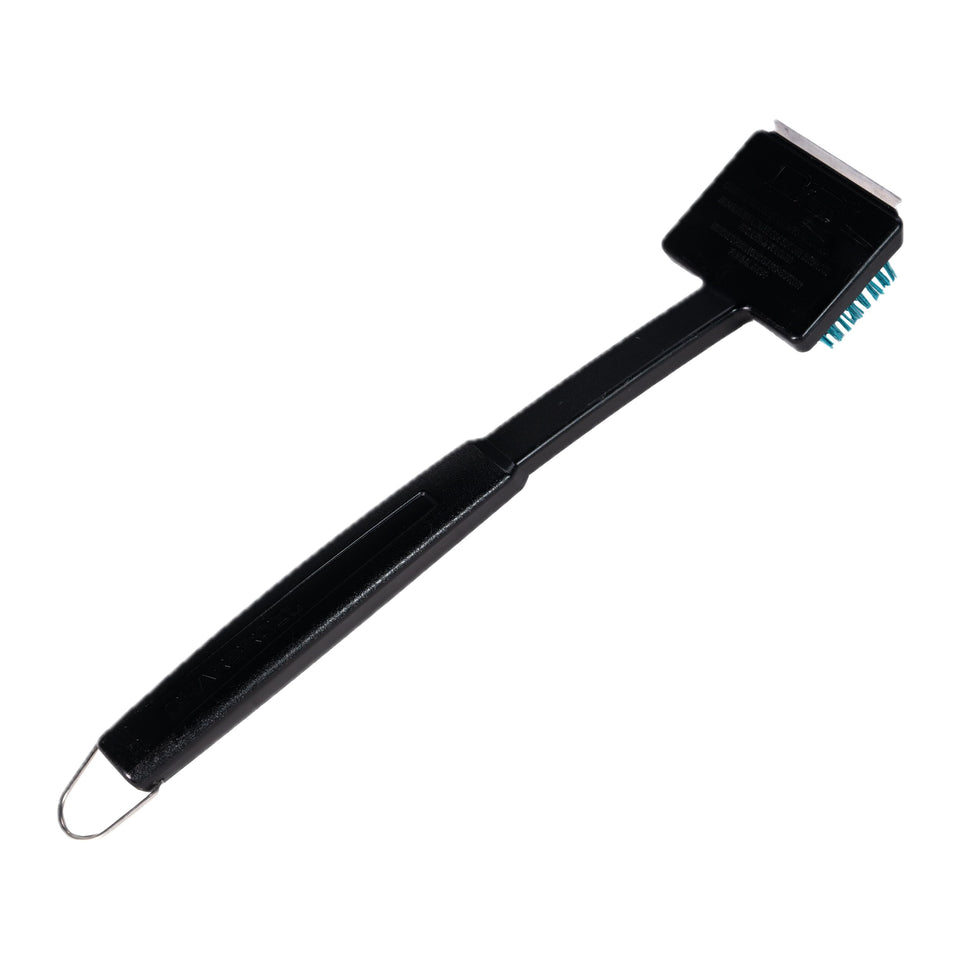 Charbroil Safer replaceable-head brush with emerald bristles for safer cleaning.