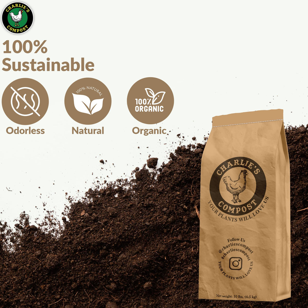 Charlie's Compost bag on soil for easy, mess-free application