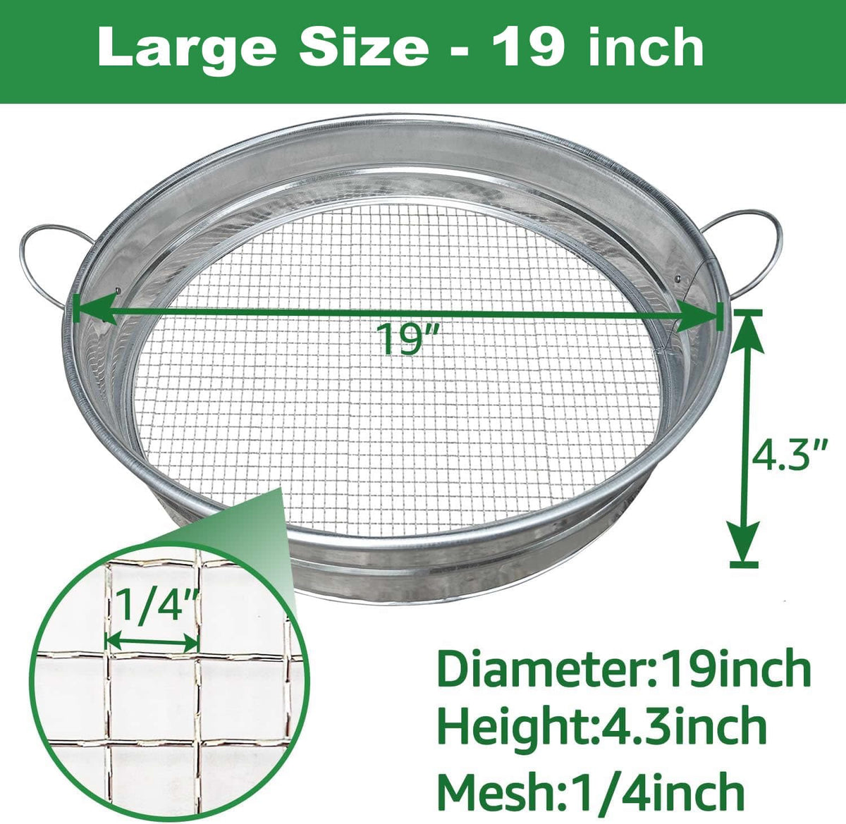 CHARMDECOR one-quarter-inch mesh sieve separates fine materials from rocks