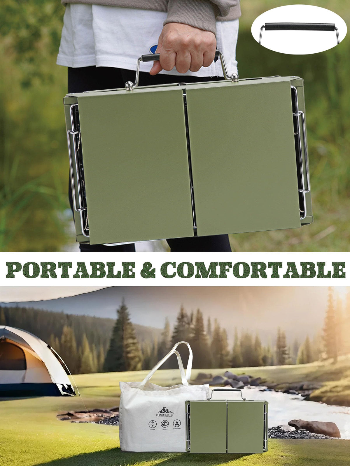 Charmline durable grill with liftable net for safer charcoal changes.