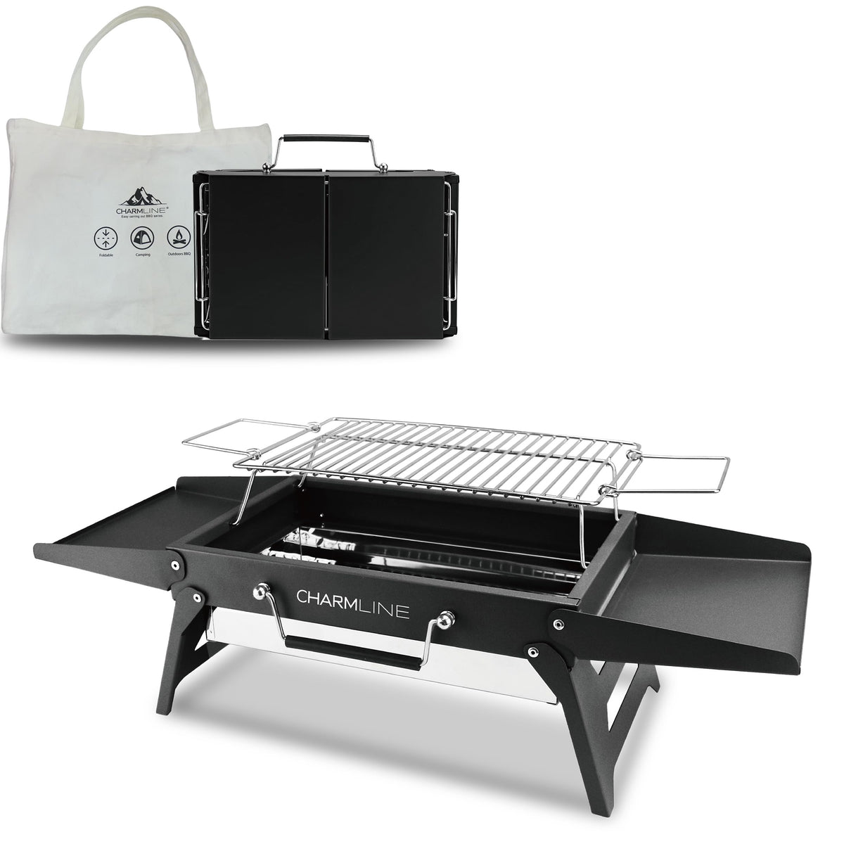 Charmline foldable grill 14x9inch compact: easy transport and camping.