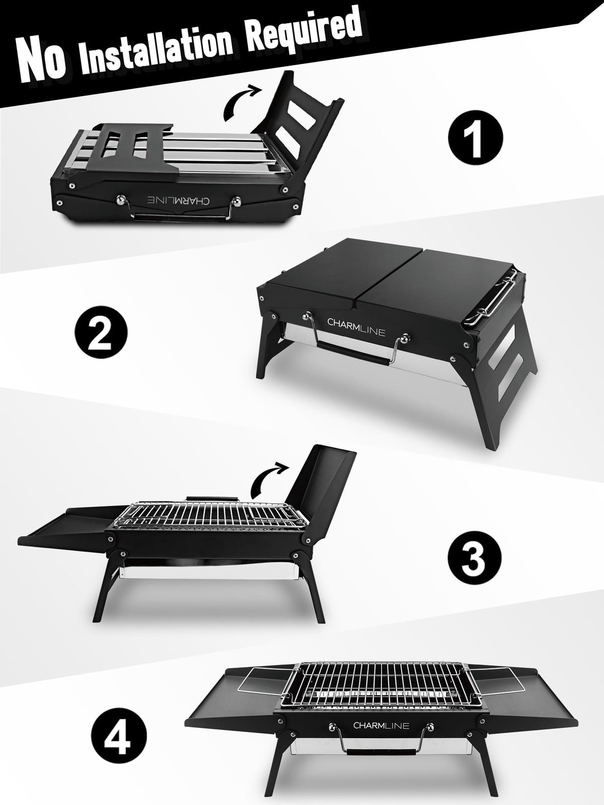 Charmline portable grill for outdoor use with stable design on any surface.