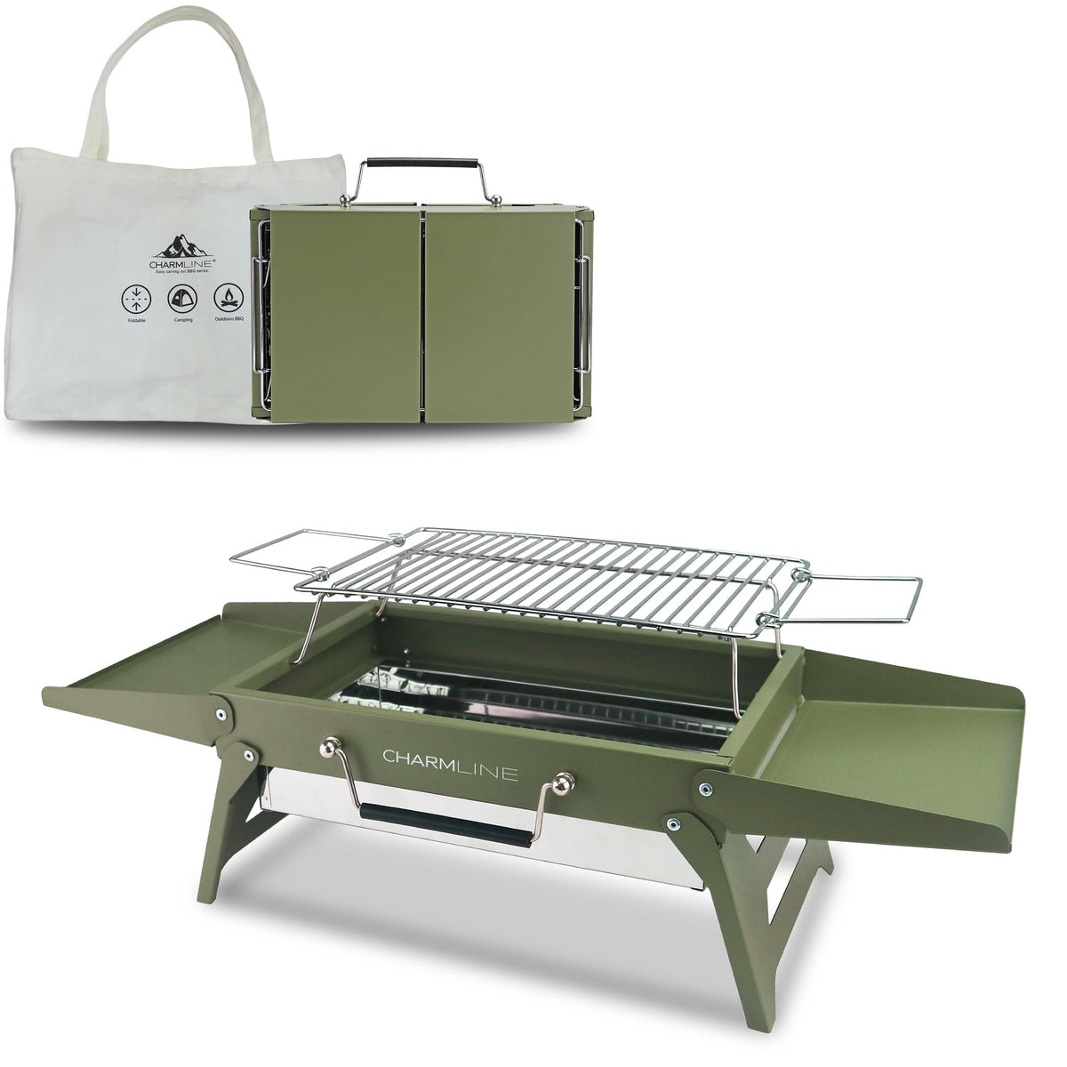 Charmline portable charcoal grill folded to 14x9 inches for compact camping storage.