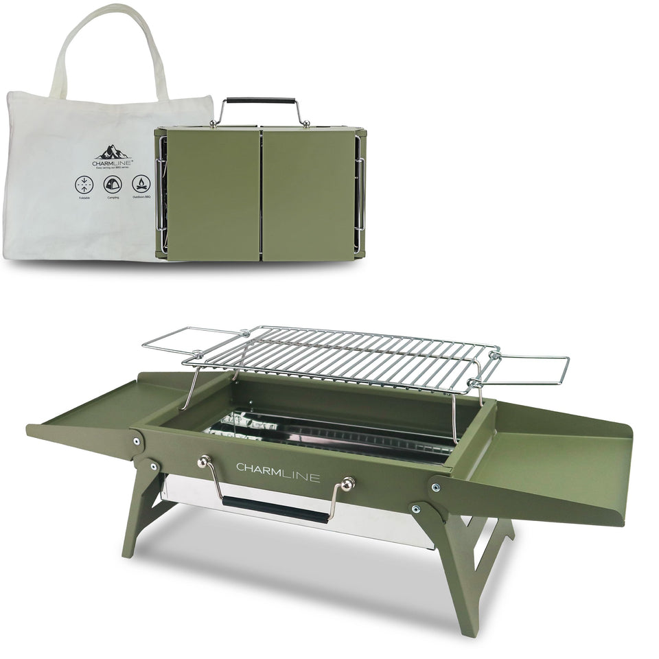 Charmline portable charcoal grill folded to 14x9 inches for compact camping storage.