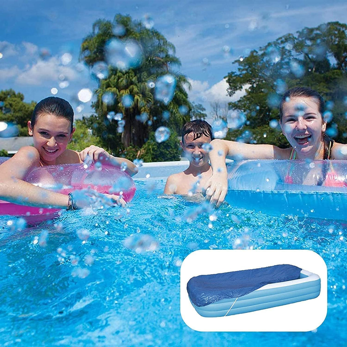 Charmluvee blue rectangular pool cover suitable for inflatable pools.