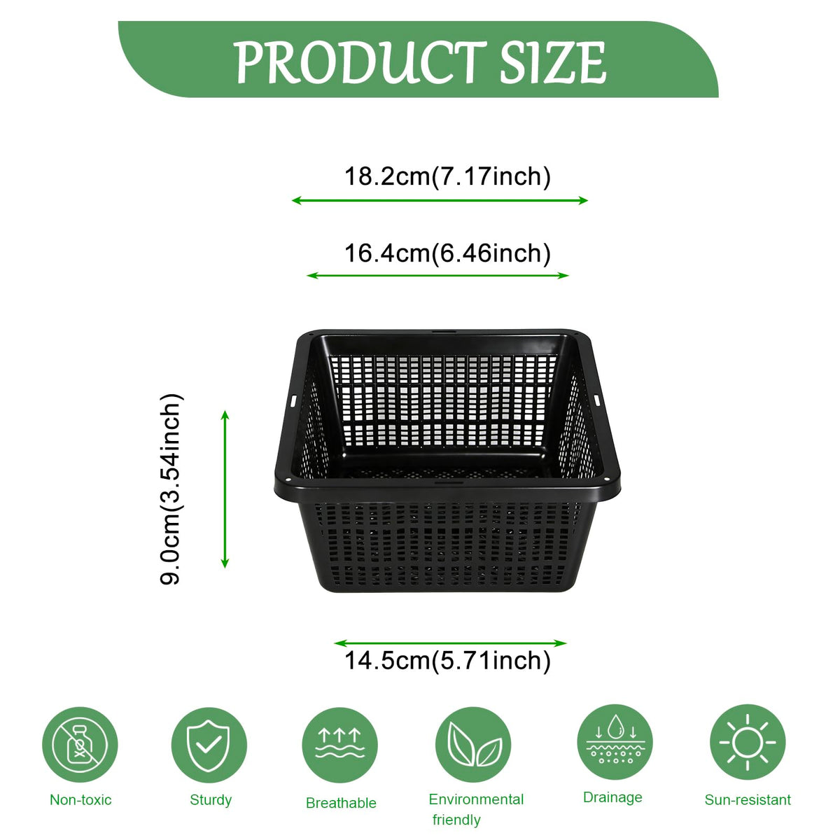 Close-up of flat-bottom mesh basket resting on pond floor.