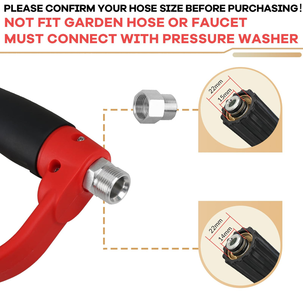 CHAVOR pressure washer gun with M22 connectors and adapters for hose compatibility.