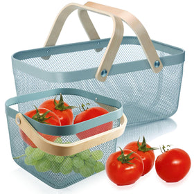 Cheardia foldable wooden-handle picnic basket in blue for easy outdoor transport.