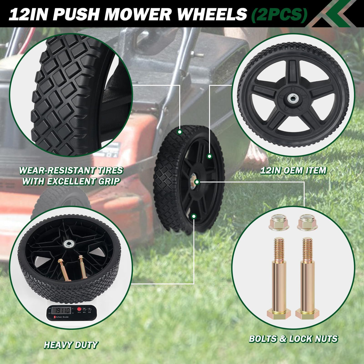 CheeMuii wheel side view shows compact, sturdy design for standard mowers.