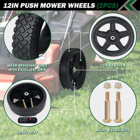 CheeMuii wheel side view shows compact, sturdy design for standard mowers.