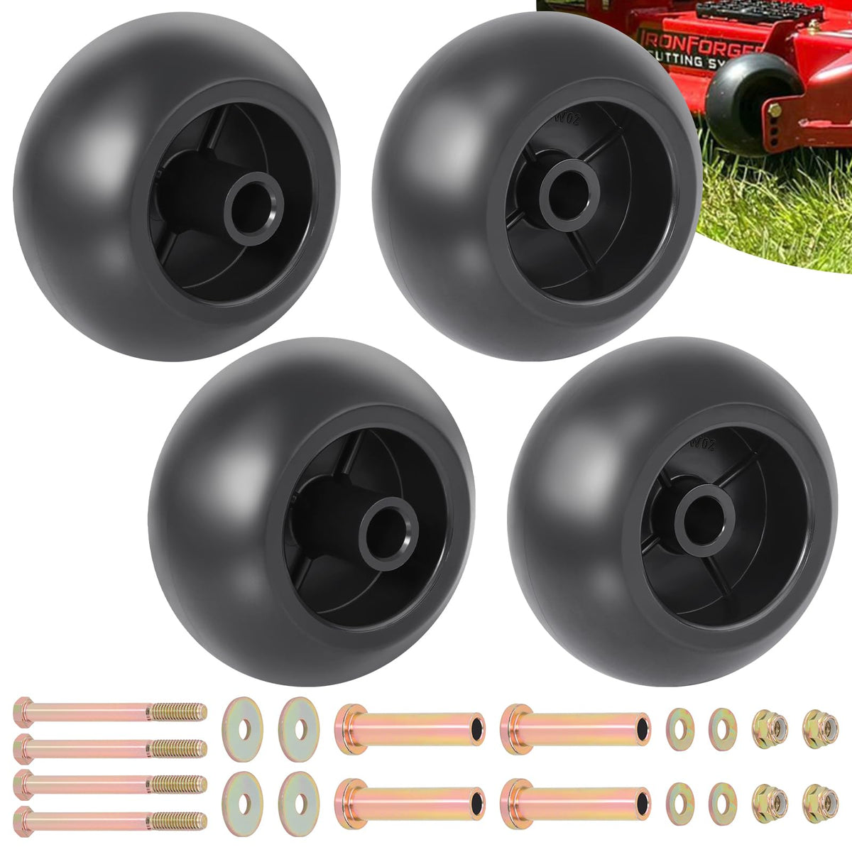 CheeMuii deck wheels 4 pack close-up showing smooth tread for even mowing