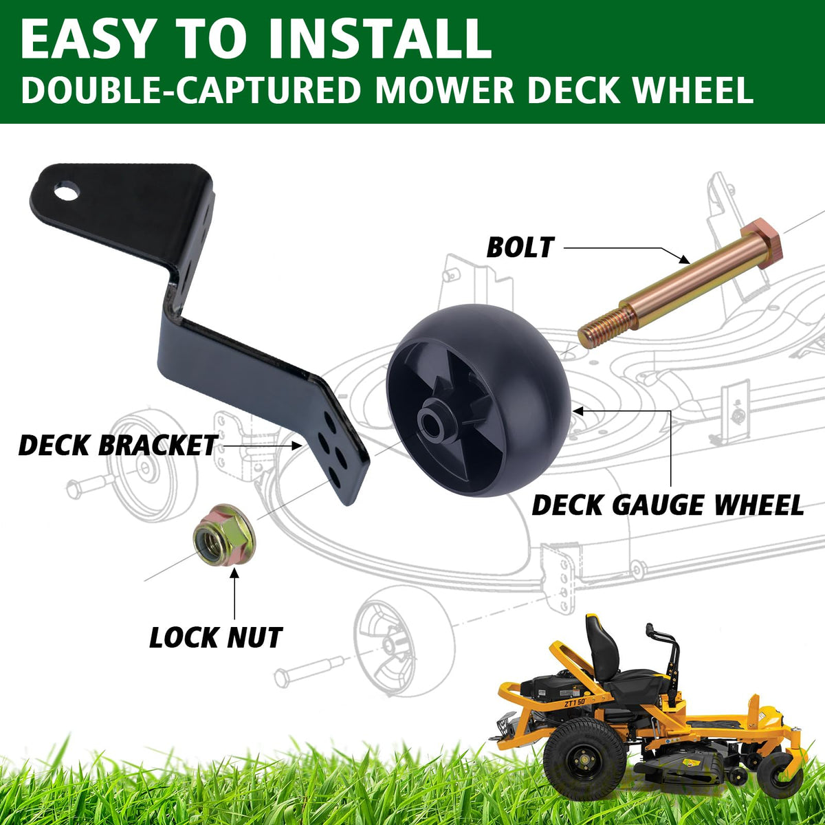 CheeMuii 5-inch deck wheel installed on a mower for consistent deck height