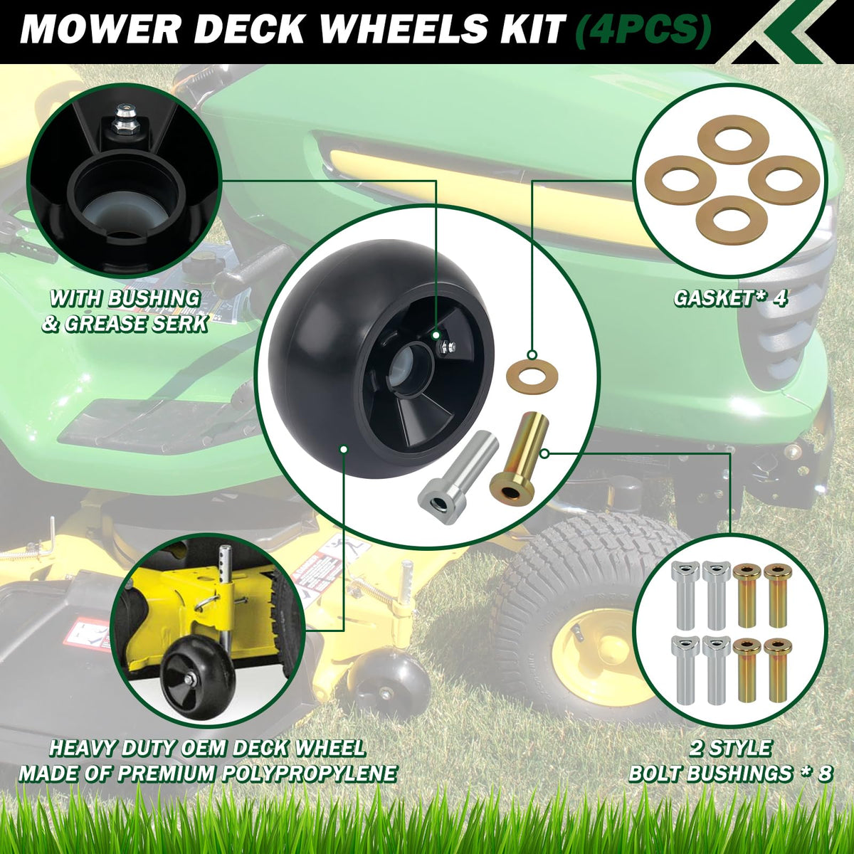 CheeMuii gauge wheels installation featuring bushings and grease zerks for John Deere decks