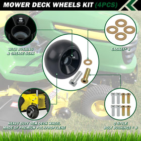 CheeMuii gauge wheels installation featuring bushings and grease zerks for John Deere decks