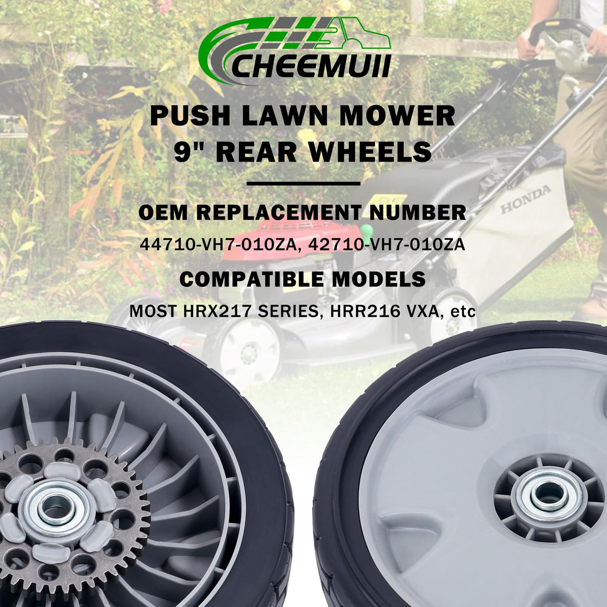 CheeMuii lawn mower wheels provide grip on uneven terrain during mowing.