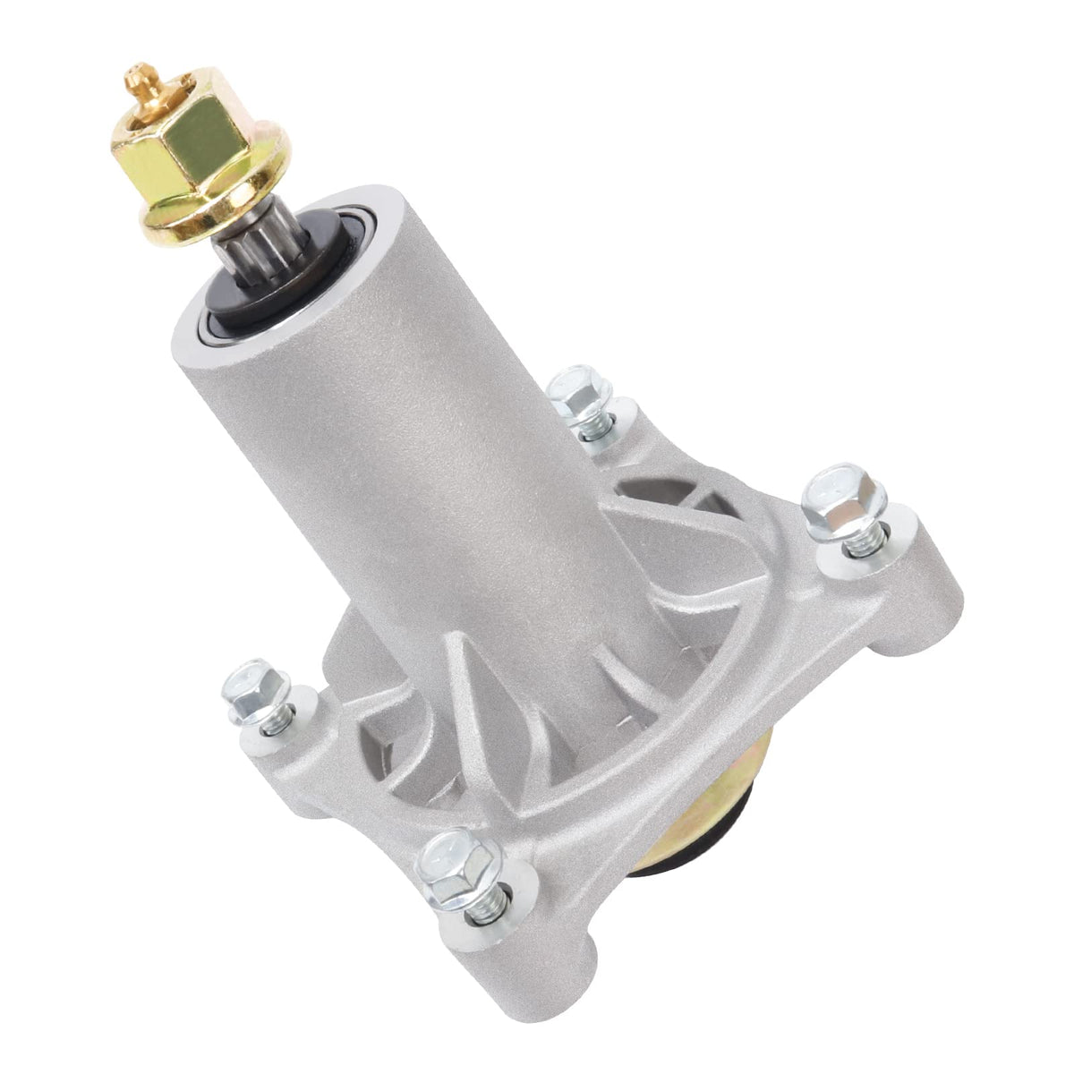 CheeMuii spindle assembly close-up showing durable aluminum body for long-lasting mower deck performance.