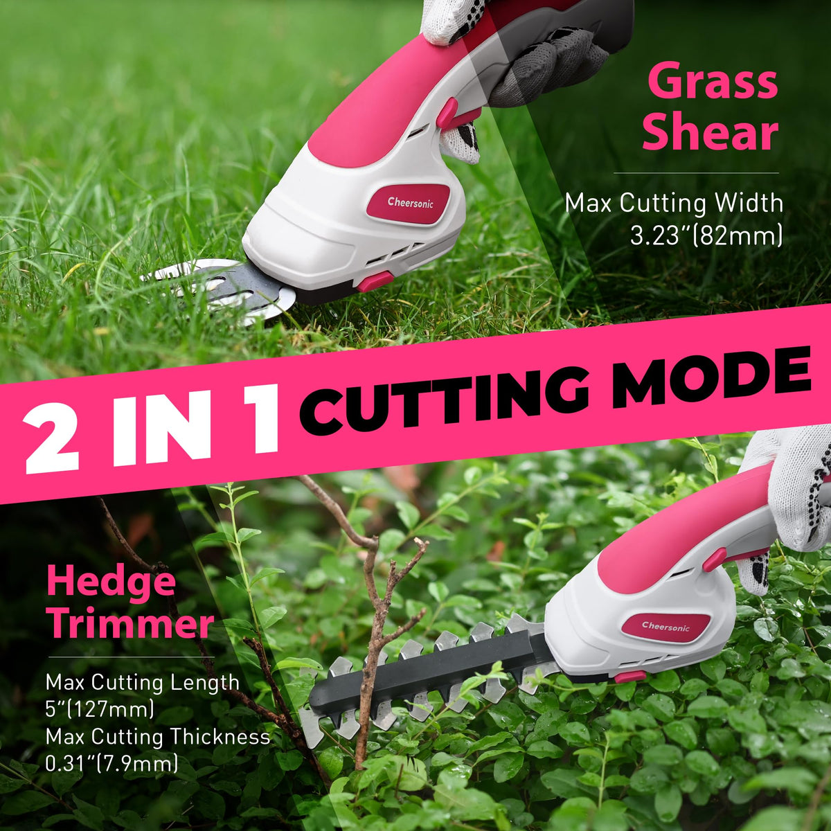 Cheersonic 5-inch hedge trimmer head cutting small shrubs with smooth edges.