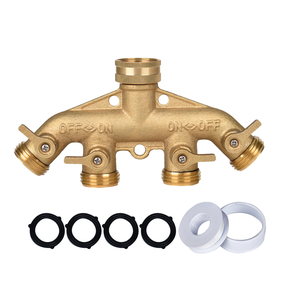 Cheerwater brass 4-way hose splitter with ergonomic levers for easier multi-line irrigation.