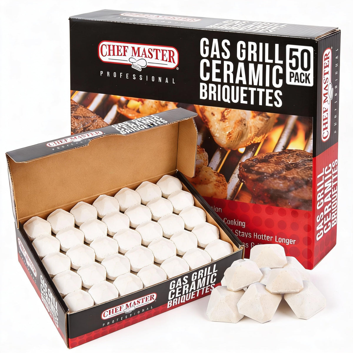 Chef Master ceramic briquettes 50-pack installed on a grill for even heat distribution.