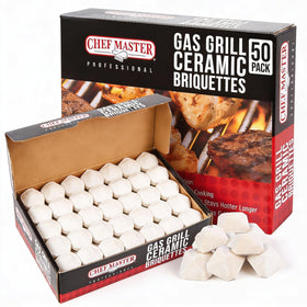 Chef Master ceramic briquettes 50-pack installed on a grill for even heat distribution.