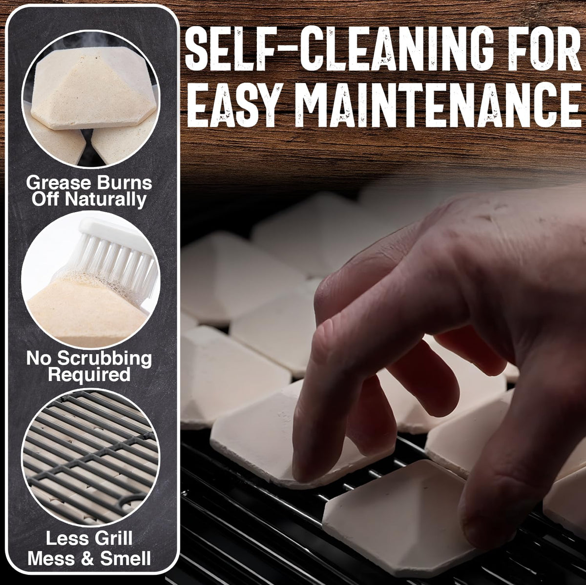 Self-cleaning action of Chef Master ceramic briquettes during grilling session.