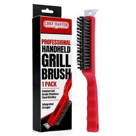 Chef Master grill brush with scraper head for tough grill cleaning and easy residue lift.