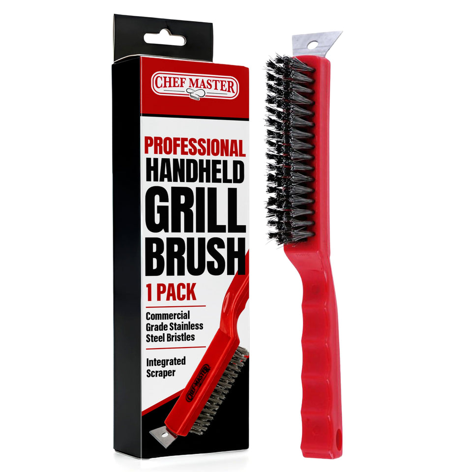 Chef Master grill brush with scraper head for tough grill cleaning and easy residue lift.