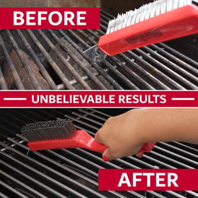 Chef Master scraper edge lifts stuck residue for thorough cleaning.