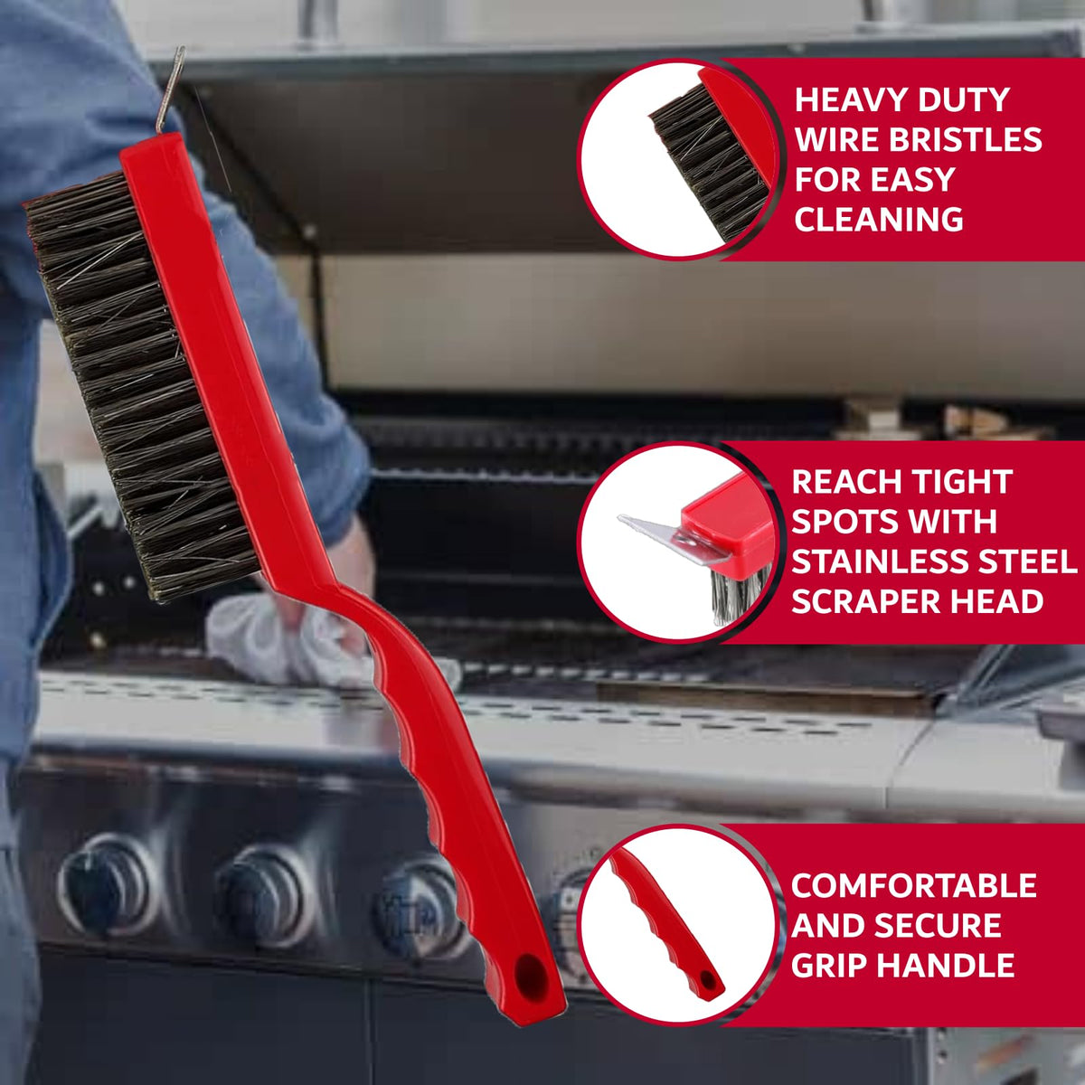 Chef Master heavy-duty wire bristle head cleans between grate bars.