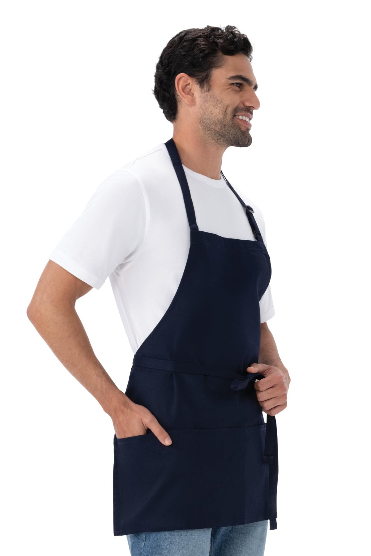 Chef Works navy apron with adjustable neck buckle for comfortable, customizable fit