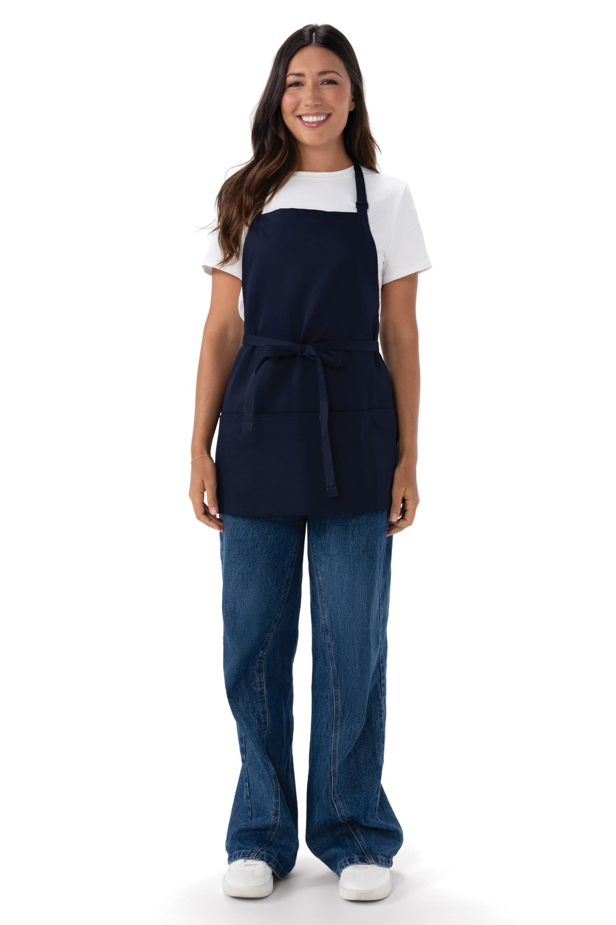 Chef Works navy apron with adjustable waist ties for secure fit