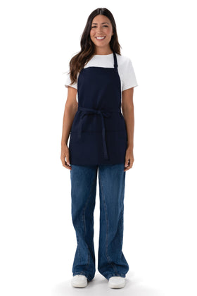 Chef Works navy apron with adjustable waist ties for secure fit