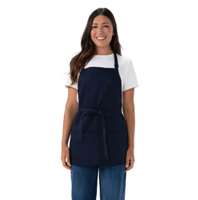 Chef Works unisex navy three-pocket apron, front view, ready for fast-paced kitchen tasks